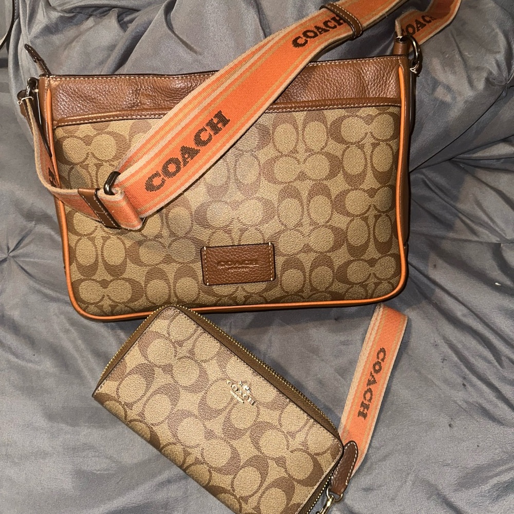 Coach Tan and Brown Signature Crossbody Bag with Wallet